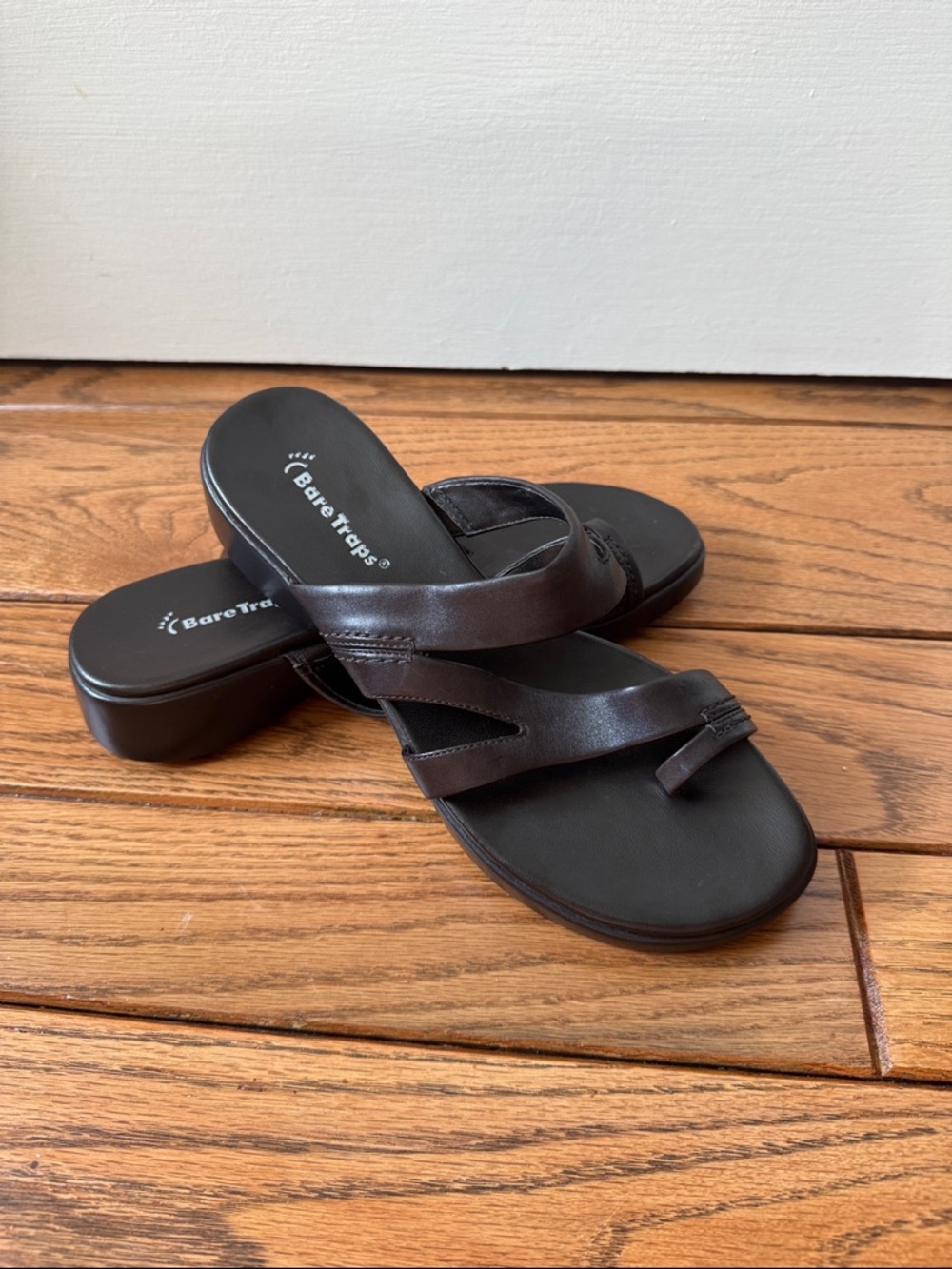 BareTraps Dark Brown and Black Leather Slide Sandals